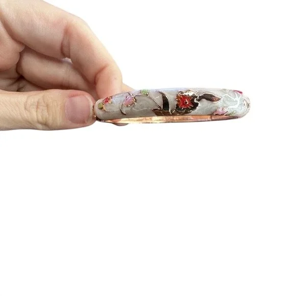 Vintage Enamel Floral‎ Hinged Bangle Bracelet Gold Tone Women's Fashion Jewelry - Picture 6 of 7